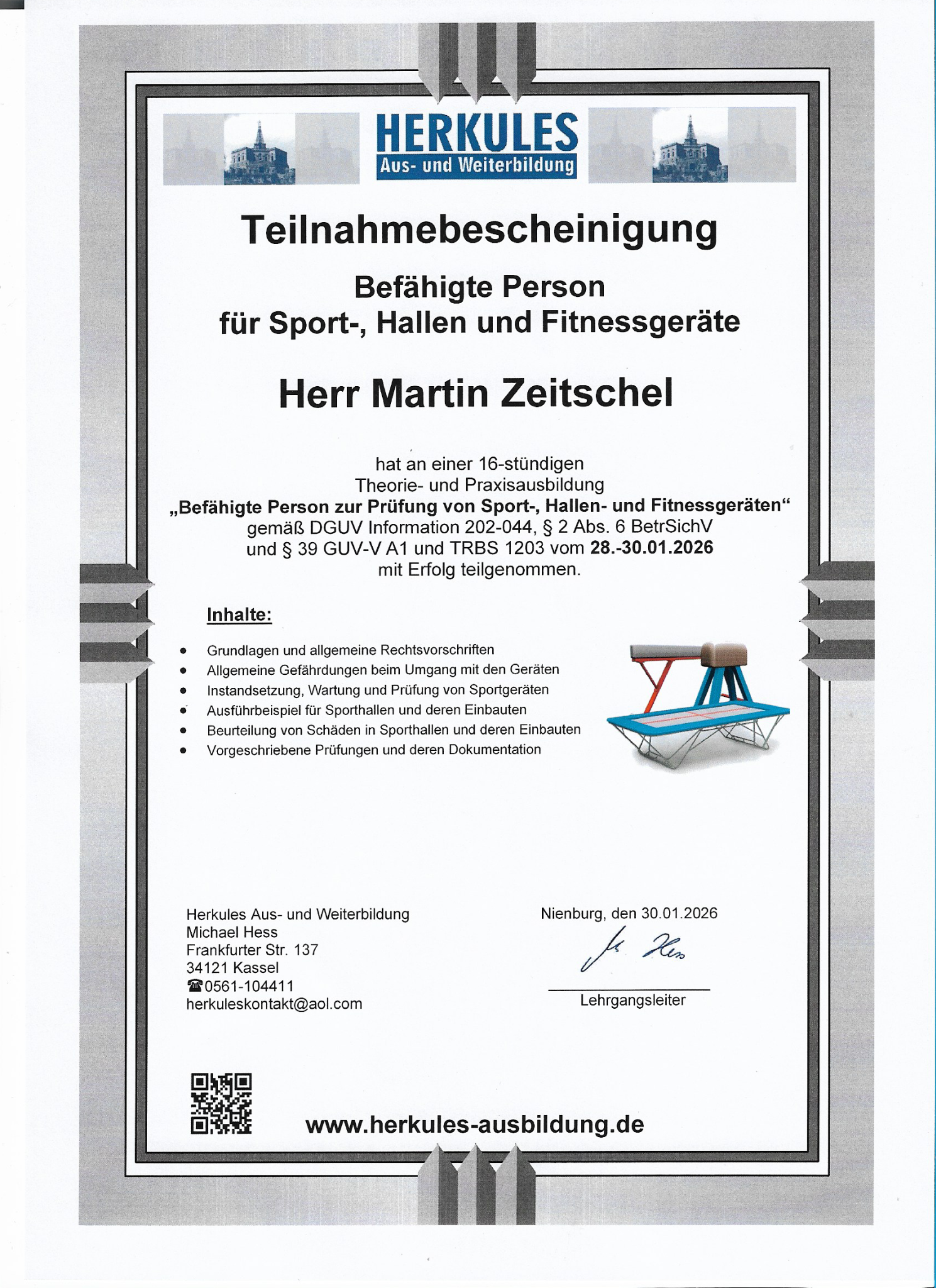 Teilnahmebescheinigung Befähigte Person für Sport-, Hallen- und Fitnessgeräte